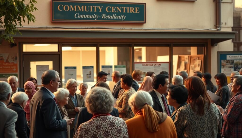 A bustling community center, its façade adorned with a prominent signage. In the foreground, a group of attorneys converse with residents, offering legal counsel and assistance. The middle ground showcases a diverse array of people, from the elderly to young families, seeking guidance from the legal professionals. Warm, natural lighting filters through large windows, creating a welcoming atmosphere. In the background, a noticeboard displays community event posters, underscoring the attorneys' dedication to supporting their local community. The scene conveys a sense of trust, empowerment, and the legal professionals' commitment to making a positive impact.