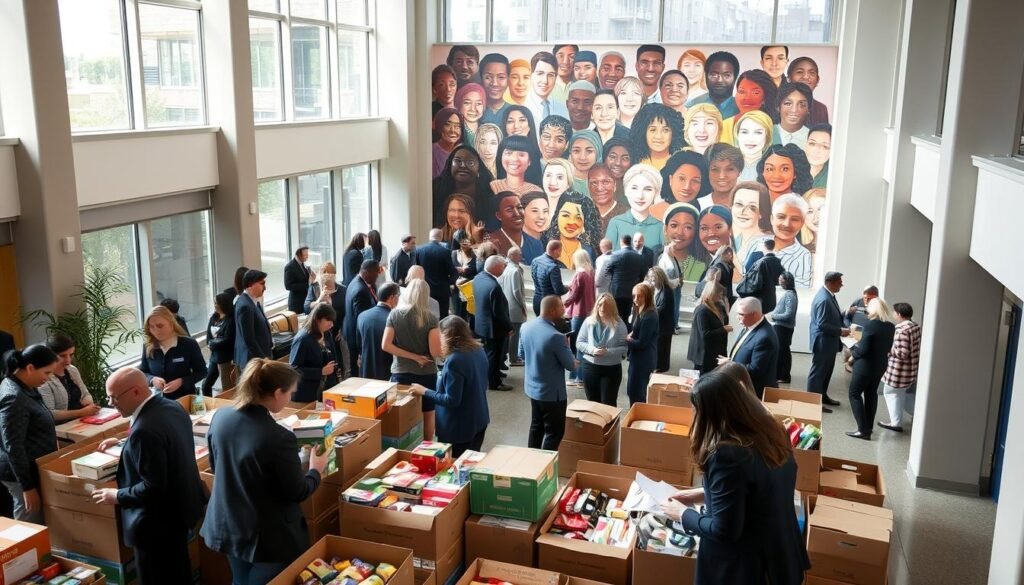 A bustling law firm atrium, flooded with natural light from floor-to-ceiling windows. In the foreground, a group of lawyers and staff volunteering at a donation drive, sorting and packing boxes of essential supplies. In the middle ground, clients and community members mingling, discussing legal matters and connecting with the firm's pro bono services. In the background, a mural depicting the diverse faces of the local neighborhood, symbolizing the firm's deep commitment to supporting their community. The scene radiates a sense of warmth, collaboration, and social responsibility, embodying the ethos of "Attorneys Serving Your Community."