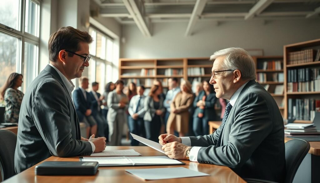 A busy legal aid office with a warm, welcoming atmosphere. In the foreground, a middle-aged attorney sits at a desk, intently reviewing documents while a client listens attentively. Soft, diffused lighting from large windows illuminates the scene, casting gentle shadows. In the middle ground, a diverse group of people wait patiently, discussing their legal concerns with paralegals. The background features bookshelves lining the walls, conveying a sense of expertise and professionalism. The overall mood is one of compassion, competence, and a commitment to providing accessible, community-focused legal services.