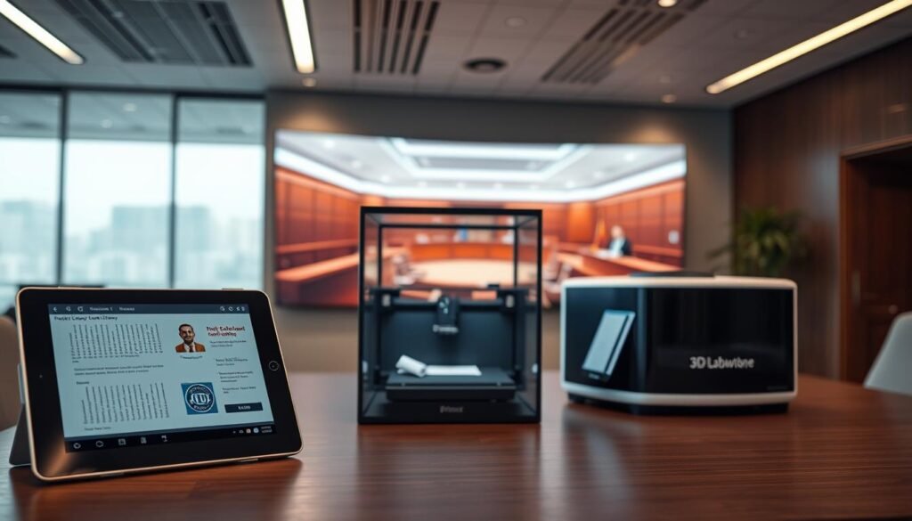 A modern, sleek office interior with an array of legal technology devices prominently displayed. In the foreground, a high-resolution tablet showcases a digital law library and case management software. In the middle ground, a 3D printer produces legal documents with precision. The background features a large, curved monitor displaying a virtual courtroom scene, creating an immersive experience. Soft, indirect lighting illuminates the space, conveying a sense of professionalism and efficiency. The overall atmosphere evokes a forward-thinking, technology-driven law firm, ready to serve its clients with the latest advancements in legal services.
