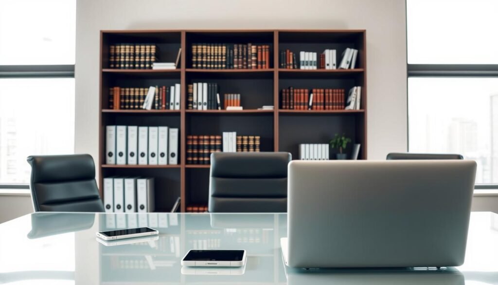 A modern, well-equipped law office with sleek, minimalist design. In the foreground, a laptop, tablet, and smartphone rest on a clean, glass desk, symbolizing the integration of technology in legal practice. In the middle ground, a bookshelf showcases a mix of physical law books and digital documents, reflecting the transition to a hybrid legal landscape. The background features large windows, allowing natural light to flood the space, creating a bright, airy atmosphere. The overall scene conveys a sense of efficiency, professionalism, and the embrace of technological advancements in the legal industry.