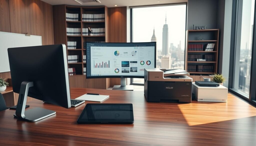 A sleek, modern law office filled with the latest legal technology. In the foreground, a polished wooden desk with a state-of-the-art desktop computer, a tablet, and a high-quality printer. The middle ground features a large, curved monitor displaying legal documents and data visualizations. In the background, a minimalist bookshelf stocked with law books and a large window overlooking a bustling city skyline, illuminating the space with warm, natural lighting. The overall atmosphere conveys a sense of efficiency, professionalism, and technological innovation within the legal industry.