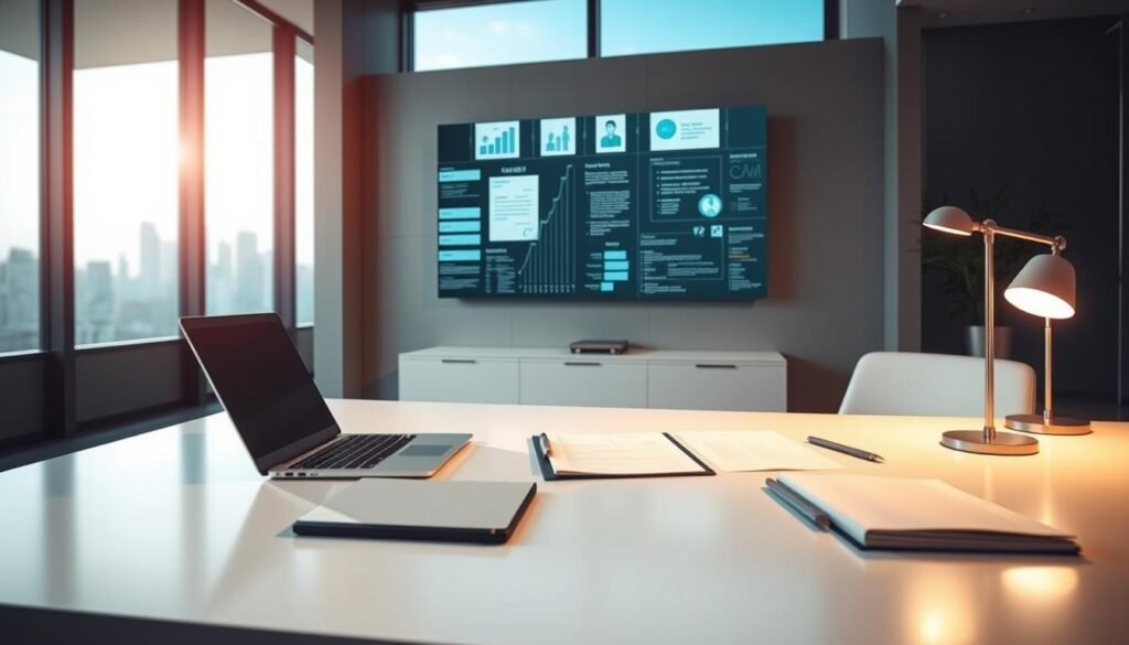 A sleek, modern office setting with an attorney's desk in the foreground, adorned with a laptop, documents, and a minimalist desk lamp. In the middle ground, a wall-mounted display showcases digital legal documents and client information, hinting at the integration of technology in legal services. The background features a panoramic city skyline, evoking a sense of a thriving urban legal practice. Soft, directional lighting from the windows casts a warm glow, creating a professional yet approachable atmosphere. The overall composition suggests the seamless blending of traditional legal expertise with innovative technological solutions.