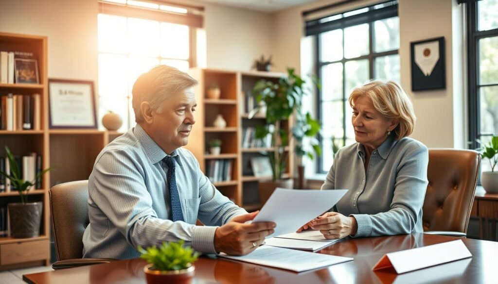 A warm, inviting office interior with an attentive attorney meeting with a client. Soft, natural lighting filters through large windows, casting a friendly glow. The attorney's expression conveys empathy and professionalism as they review documents together. Tasteful decor like bookshelves and potted plants create a comfortable, trustworthy atmosphere. The client appears at ease, confident in the attorney's expertise. Subtle details like a diploma on the wall and a nameplate on the desk reinforce the attorney's credentials. An overall sense of reliability, care, and community support permeates the scene.