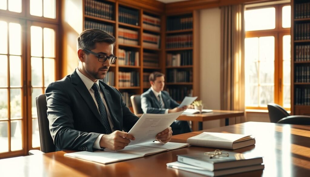 A warm, well-lit law office interior. In the foreground, a legal professional in a suit and tie thoughtfully reviews documents on their desk. Behind them, bookshelves line the walls, a testament to their extensive legal knowledge. In the middle ground, a client sits across the desk, engaged in a serious discussion. Sunlight streams in through large windows, casting a soft glow and creating a sense of trust and professionalism. The overall atmosphere conveys the importance of legal assistance in supporting the community, with an air of competence and care.