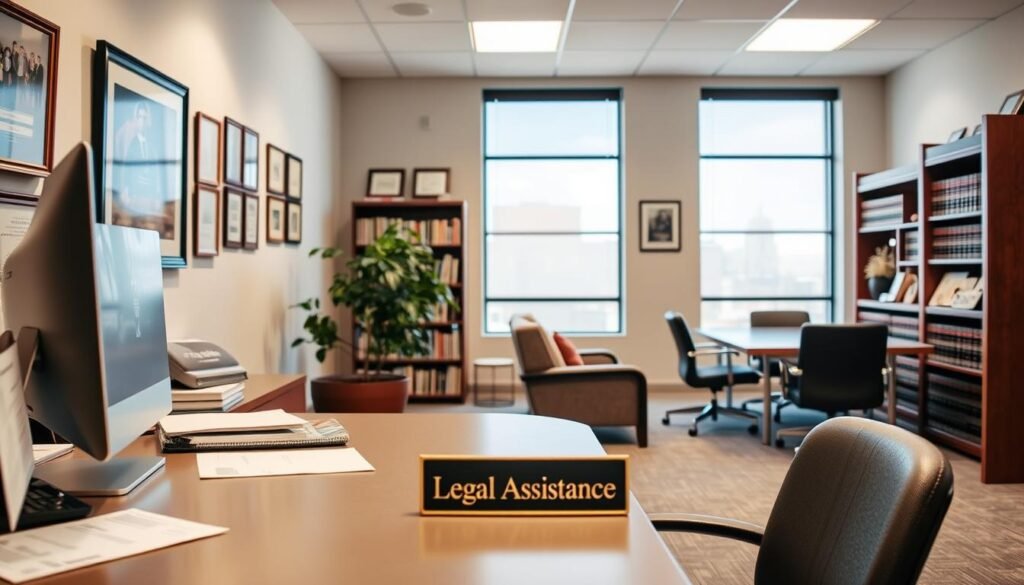 A well-lit, modern law office interior. In the foreground, a desk with a computer, papers, and a nameplate reading "Legal Assistance". Behind it, a comfortable client seating area with plush chairs and a potted plant. The walls are adorned with framed legal certificates and artwork, conveying professionalism and community involvement. Large windows let in natural light, creating a warm, inviting atmosphere. In the background, a bookshelf filled with legal volumes and a conference table, suggesting the breadth of services provided. The overall scene radiates a sense of trustworthiness, expertise, and dedication to serving the local community.