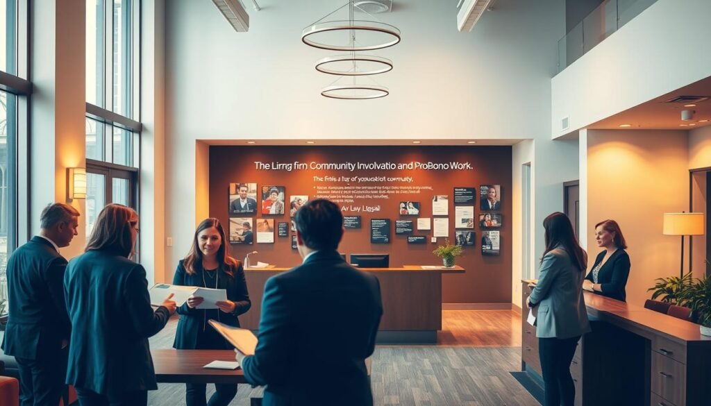 a professional law office lobby with high ceilings, large windows, and modern decor. In the foreground, a group of attorneys and staff engaged in a meeting, discussing legal documents and strategies. In the middle ground, a receptionist at the front desk, assisting clients. In the background, a wall display showcasing the firm's community involvement and pro bono work, with photos and awards. Warm, diffused lighting creates a welcoming atmosphere, and the overall scene conveys a sense of professionalism, collaboration, and dedication to serving the local community.